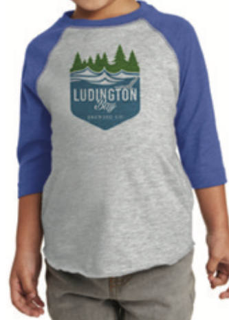 Ludington Bay Brewing Co. Kid's Badge Baseball Tee- Heather Grey/Blue