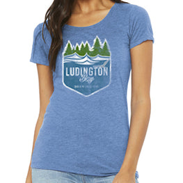 Ludington Bay Brewing Co. Women's Distressed Badge Tee - Blue