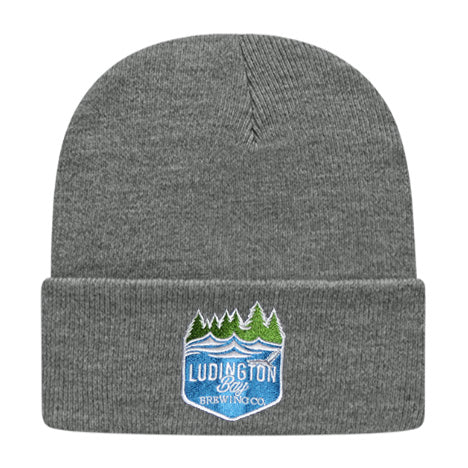 Knit Cap with Cuff - Embroidered Ludington Bay Brewing Badge - Light Grey